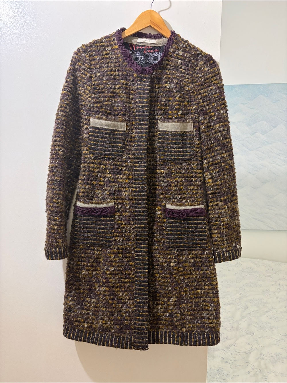 Womens Tweed Long Coat in Brown with Purple Trim by Unknown Brand